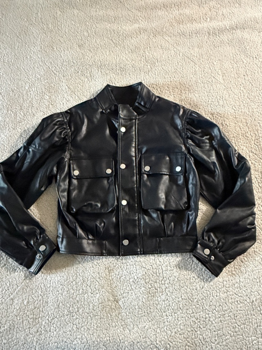 Urban Revivo Black Faux-Leather Utility Jacket with Front Flap Pockets Small